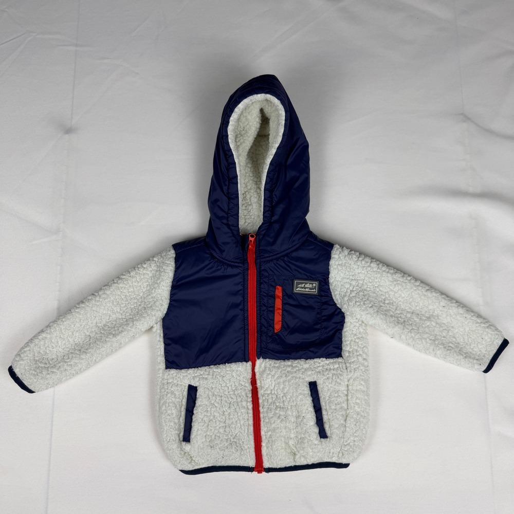 Eddie Bauer Toddler Boys Sherpa Fleece Hooded Jacket Navy Cream 18M EBY13926